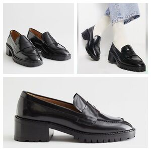 & Other Stories Heeled Leather Penny Loafers Black Leather US size 8